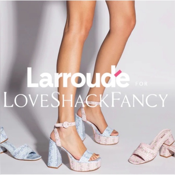 Larroude For Love Shack Fancy Floral Platform Pink and Blue Floral Heels - Picture 6 of 10